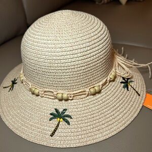 Brand New Light Pink Sun Hat with Palm Trees and Rafia Ribbon - Size 7 - 7 1/8